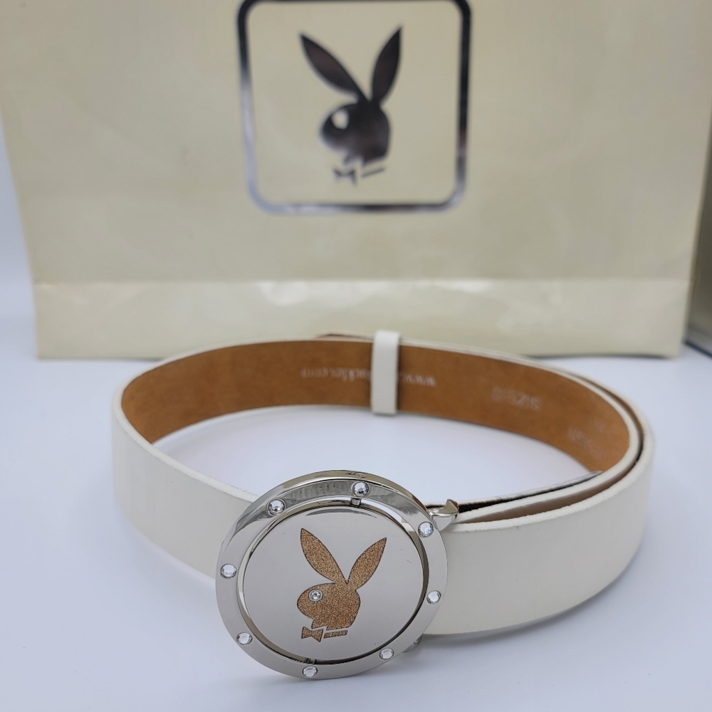 PLAYBOY Y2K Rhinstones Reversible Leather Belt Vintage RARE Circa2005 Pink White